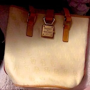 Dooney & Bourke | Cream Tan Leather DB Print Fabric North South Bucket Bag